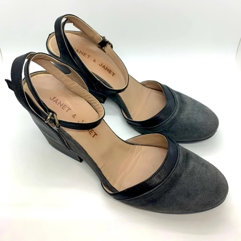Janet & Janet Round Toe Single Strap Heel Gray Black 39EU Career Academia Office